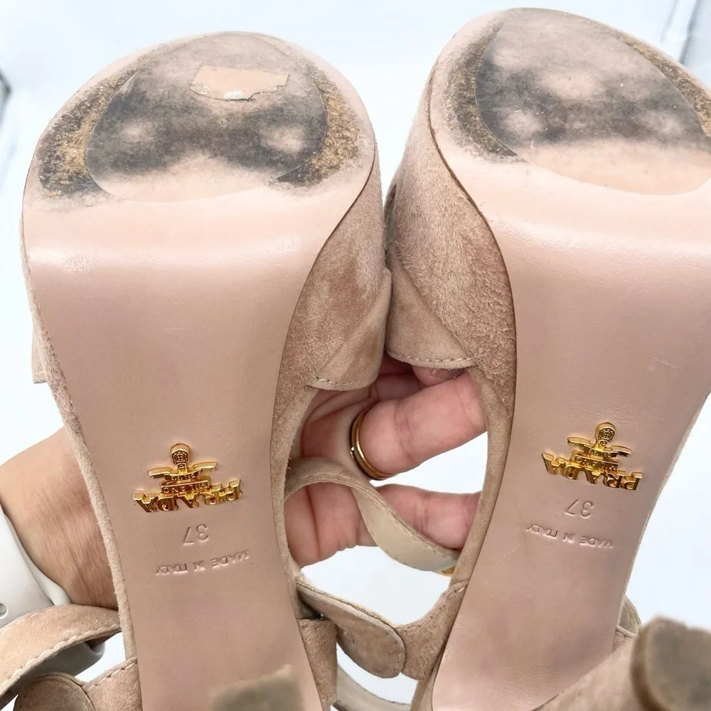Prada Beige/ Tan Suede leather platform strappy ankle strap sandals heels 37